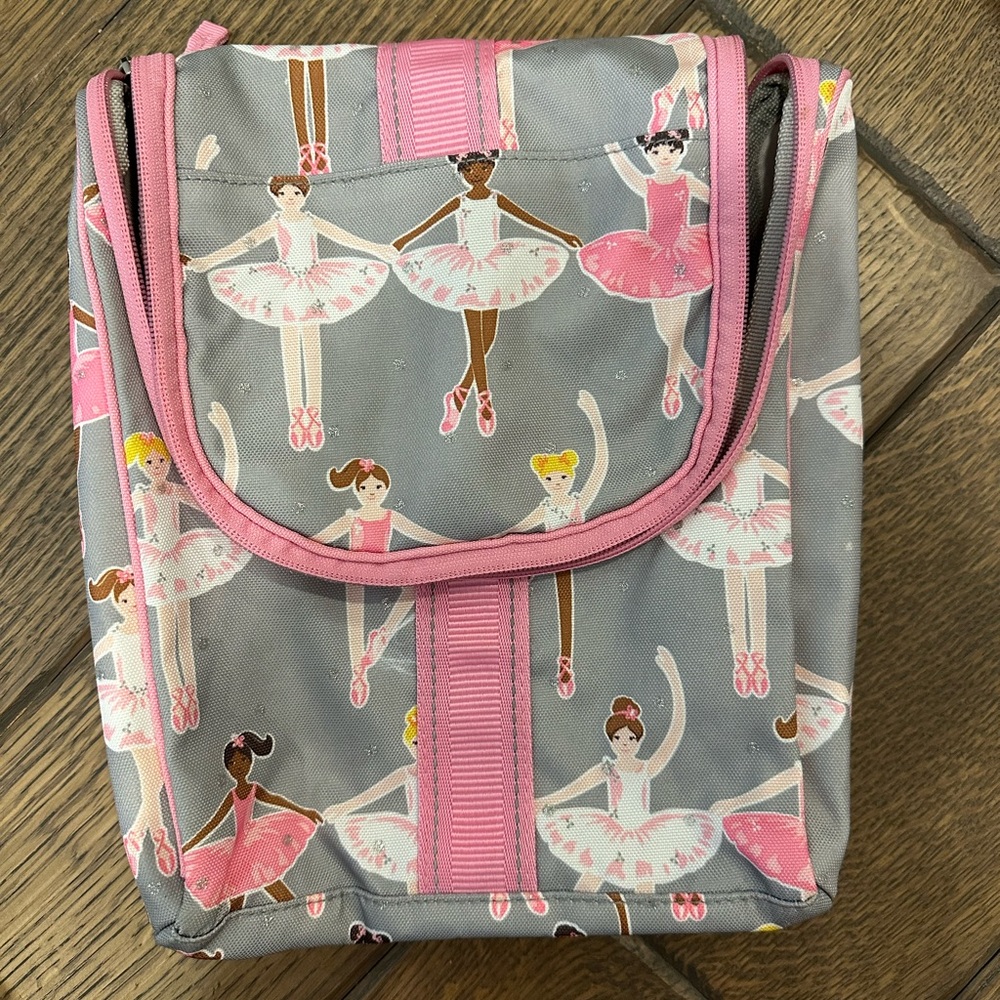 Pottery Barn Kids Gray and Pink Ballet Dancer toiletry hanging bag.